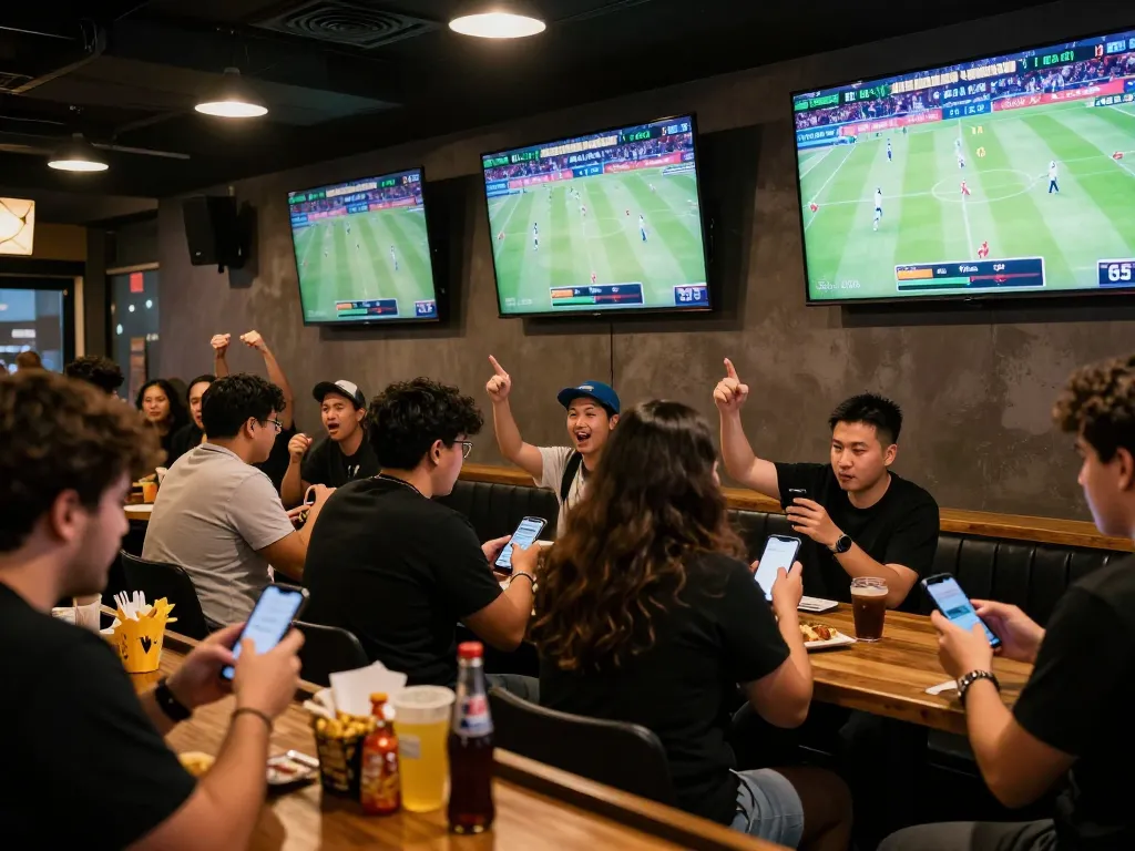 Fans engaging with their devices while placing parlay bola bets in a lively sports bar atmosphere.