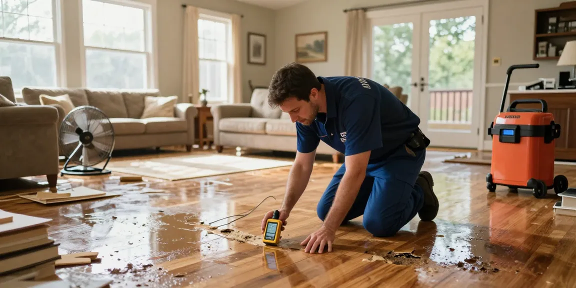 Technician performing emergency disaster restoration in a flooded living room with moisture meter, showcasing assessment and professional cleanup efforts.