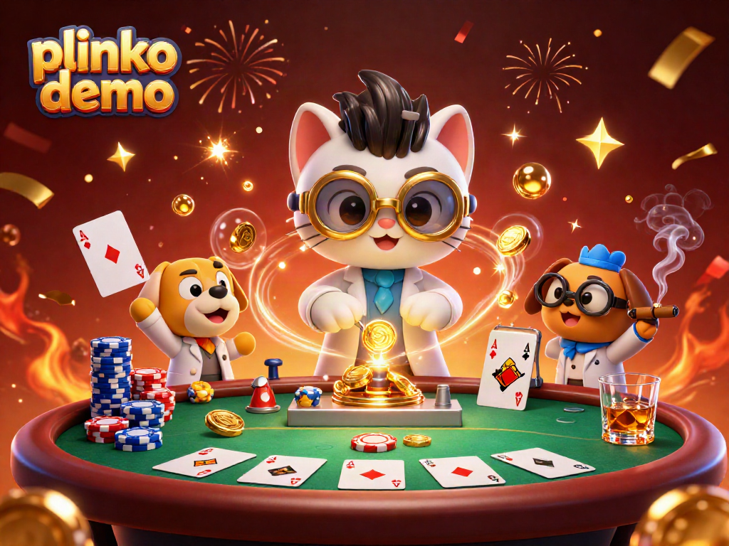 Engaging plinko demo illustration with a mad scientist cat and dog amidst poker elements.