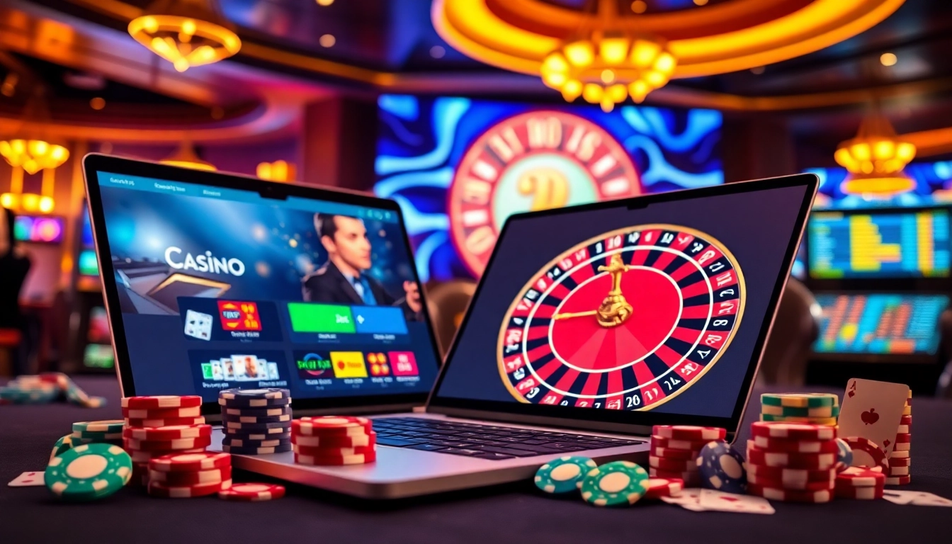 Scène engageante d'un casino en ligne français avec des jetons de poker vibrants et des écrans de paris numériques.