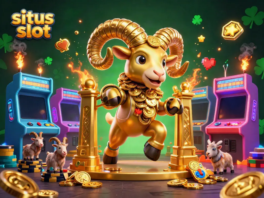 Engage with situs slot through a vibrant 3D cartoon scene of a golden ram charging at the casino gates.