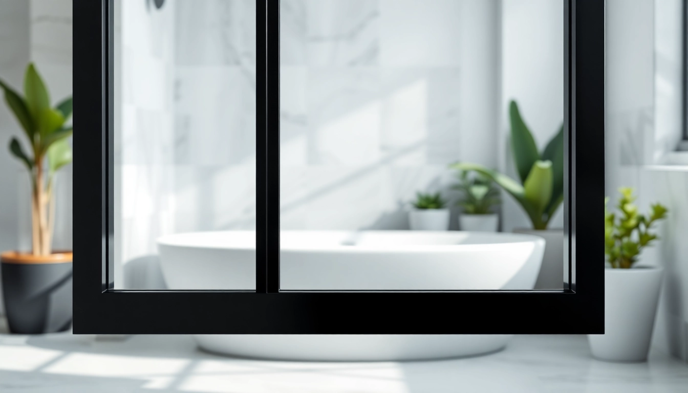 Elegant black shower door black frame enhancing a modern bathroom design with natural light.