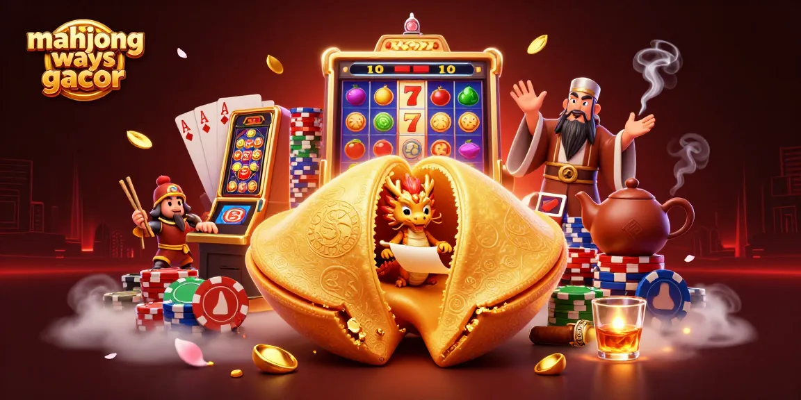 Engage with mahjong ways gacor slot, featuring a golden cookie, dragon, and vibrant casino elements.