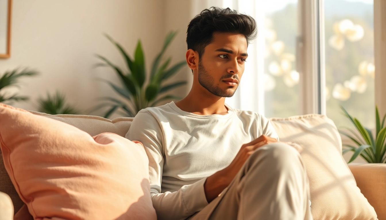 Anxiety symptoms represented through a contemplative individual in a calming living room setting.