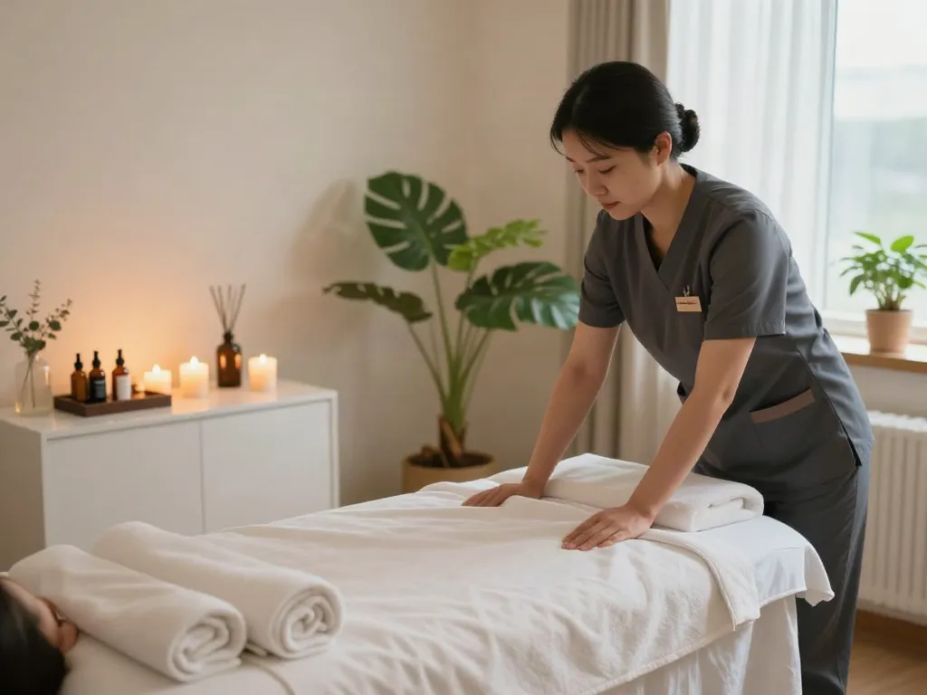 Comfortable massage therapy room prepared for 삼성동출장마사지 with candles and soothing décor.