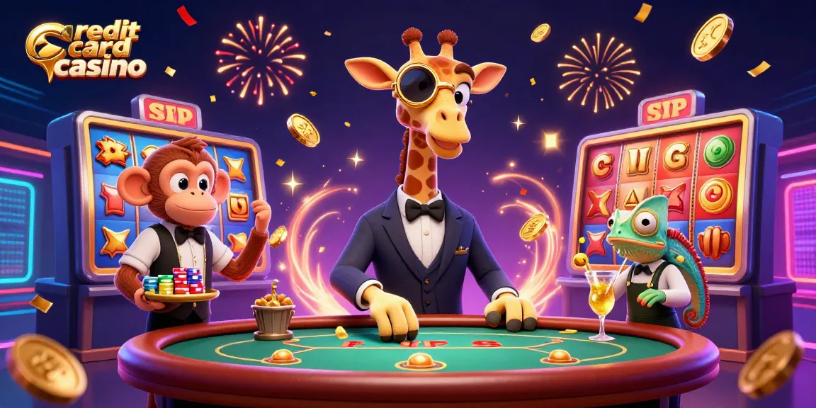 A vibrant scene showcasing a credit card casino with a high-roller giraffe, a monkey valet, and a chameleon bartender amidst lively slot game elements.