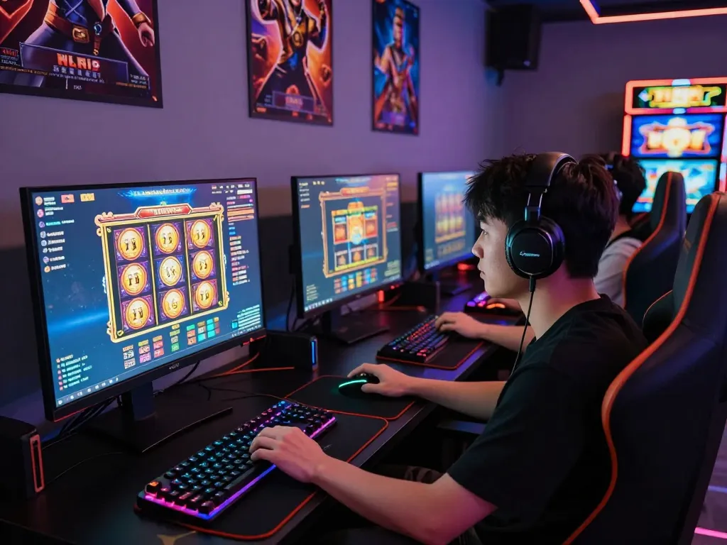 Gamer menikmati grafik slot yang cerah di laoban188, menampilkan pengaturan permainan modern.
