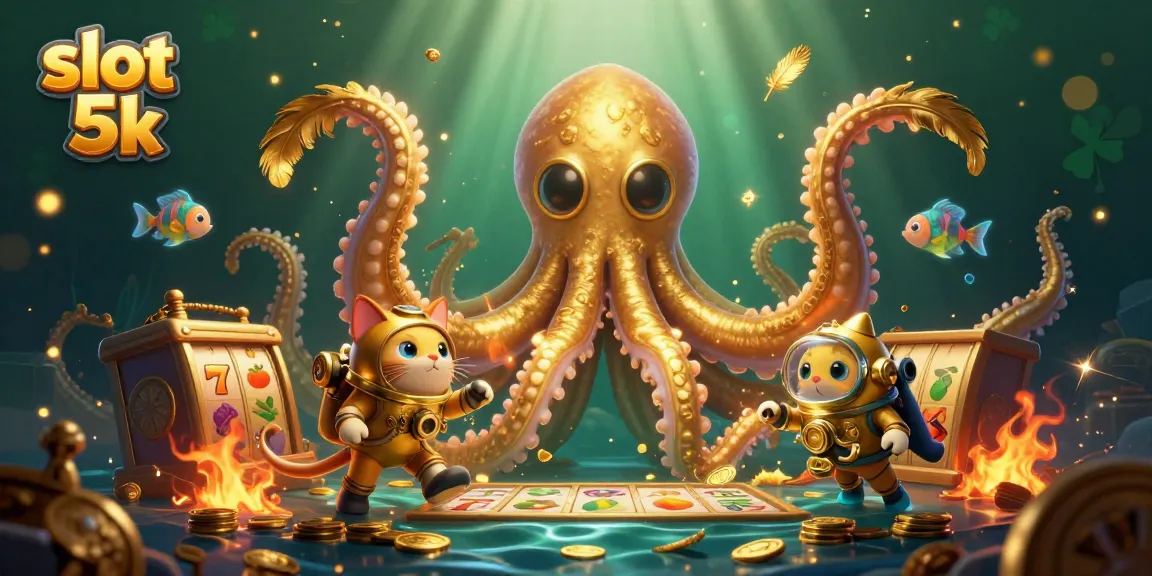 Spin to win with slot 5k showcasing a kraken, diving cat, and dynamic casino elements.