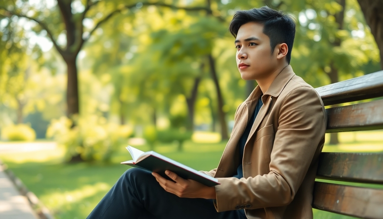 Find my true calling as a young professional contemplates their future in a serene park setting.