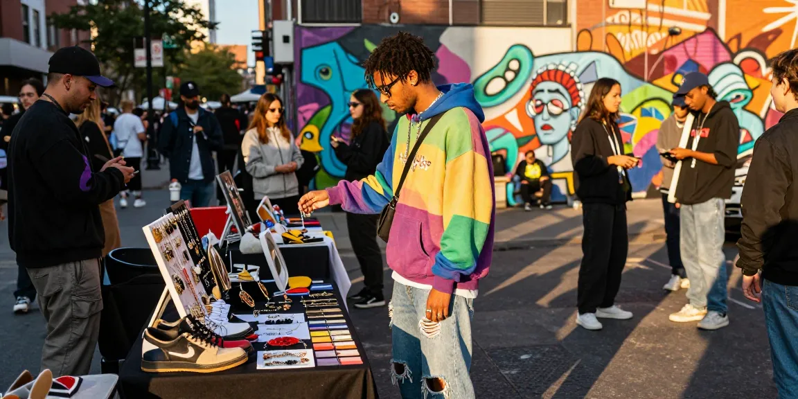 Fashionable individual exploring trendy streetwear and accessories while shopping at a vibrant outdoor market for Voghion in an urban setting.