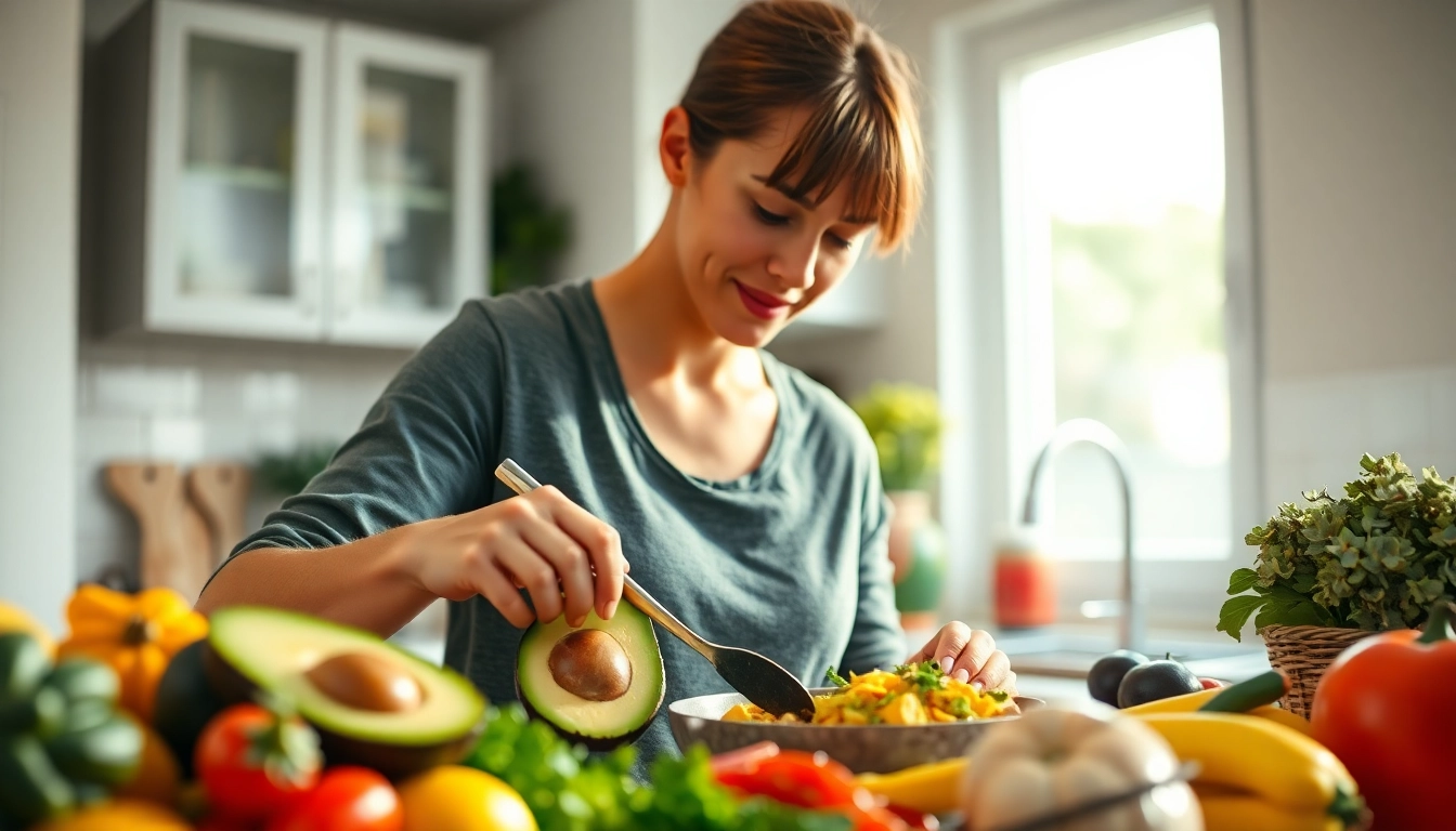 Engaged individual preparing a nutritious meal during intermittent fasting in a bright kitchen.
