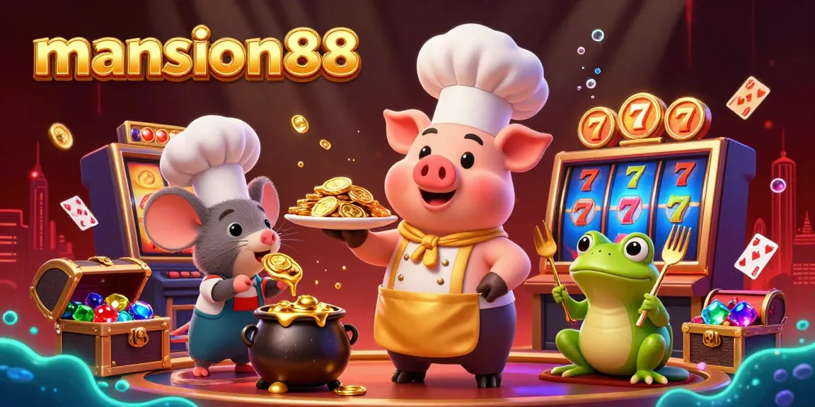 Engage in the vibrant world of mansion88 with a chef pig presenting gold coins in a rich 3D casino scene.