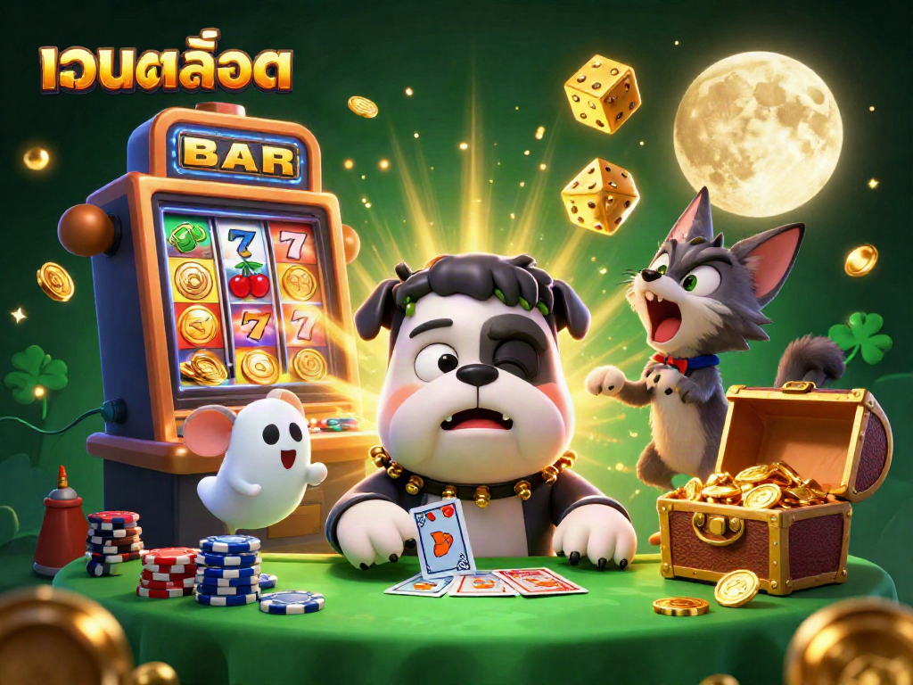 Win big with เว็บสล็อต as a Frankenstein bulldog deals cards amid a jackpot explosion.