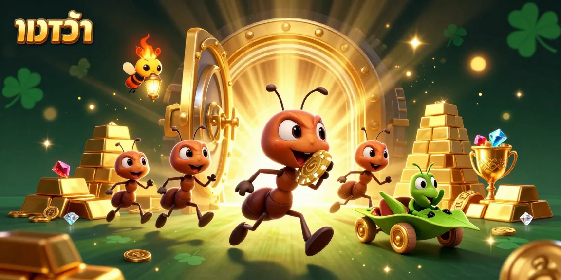 Baccarat gaming scene with 3D cartoon ants stealing a golden poker chip amidst treasure, showcasing action and excitement.