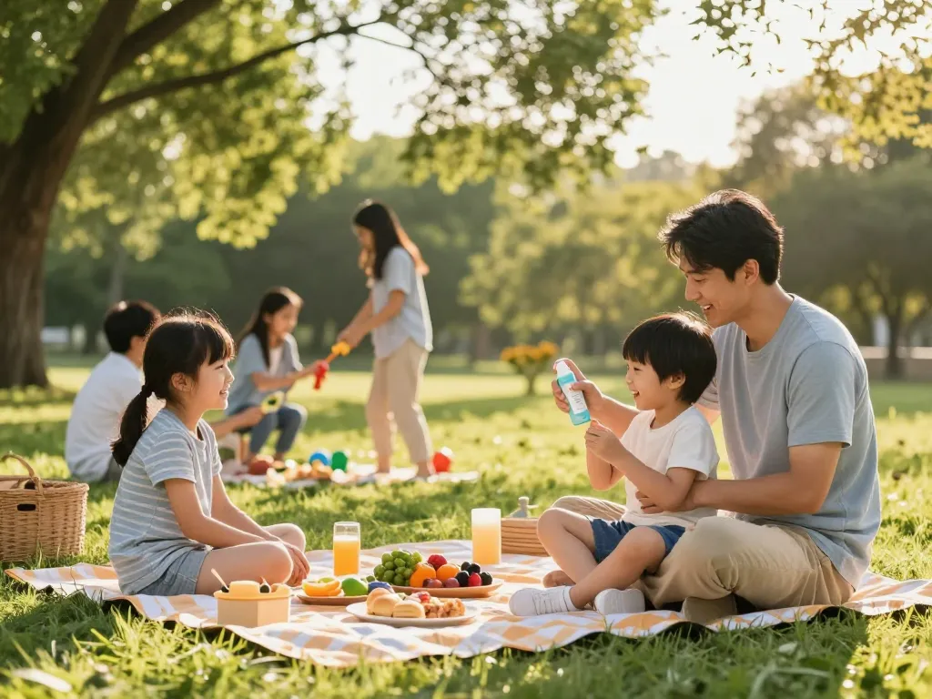 Family applying mosquito repellent during a summer outdoor gathering, ensuring protection while enjoying time together.