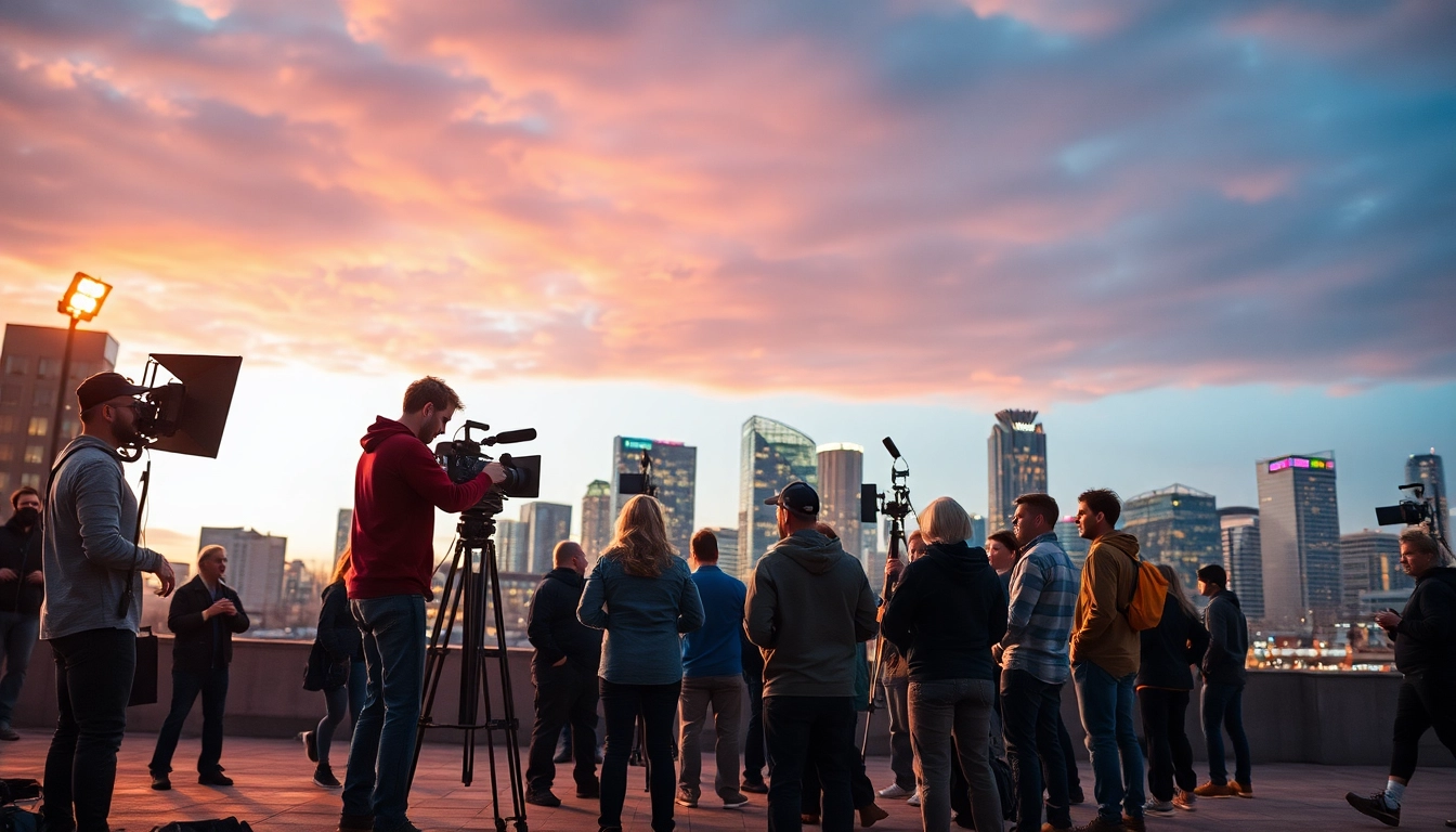 Showcase of Edmonton production companies filming a project with a city skyline in the background.
