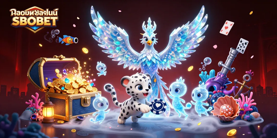 Place your bets and win with แทงบอลออนไลน์ SBOBET, in a vibrant 3D digital illustration filled with dynamic casino elements.