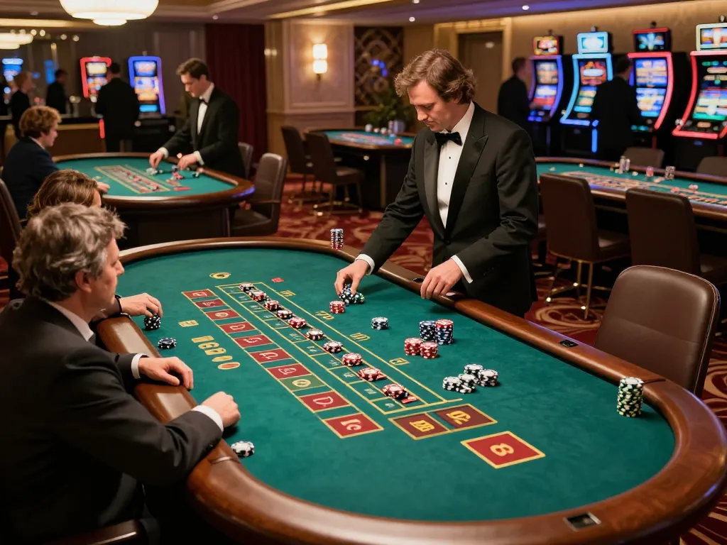 Casino scene showcasing players at casinò online europei tables, engaging in strategy-focused games.