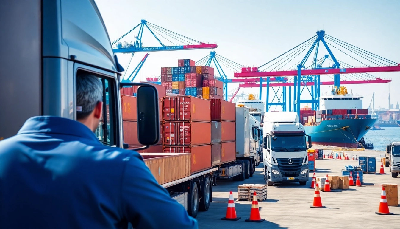 Drayage operations in a busy port, showcasing trucks and shipping containers efficiently moving cargo.