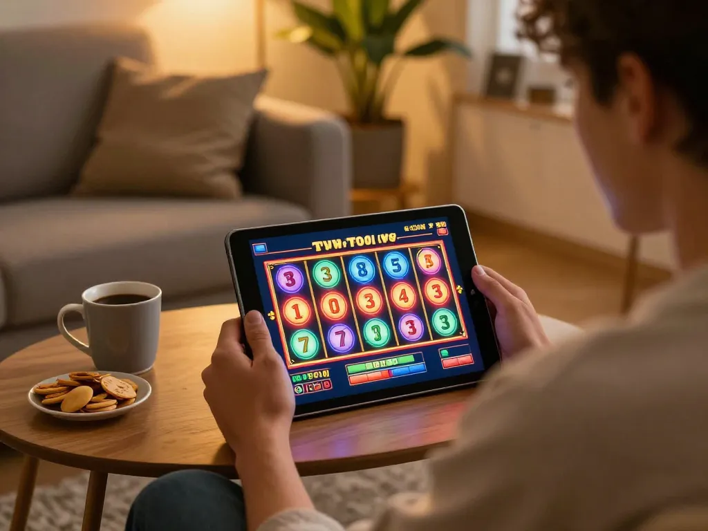Engage in thrilling toto slot gaming on a tablet in a cozy living room setting.