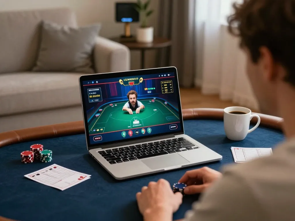 Player engaging with MM 88 poker interface on a laptop, strategizing in a cozy environment.