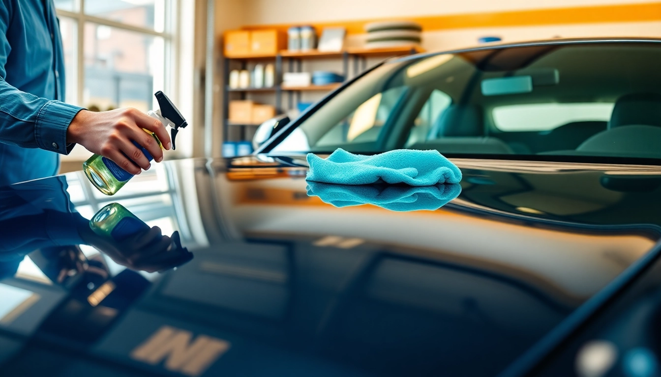 Gift certificate for car detailing showcasing a car and expert detailer in a bright, energetic garage.