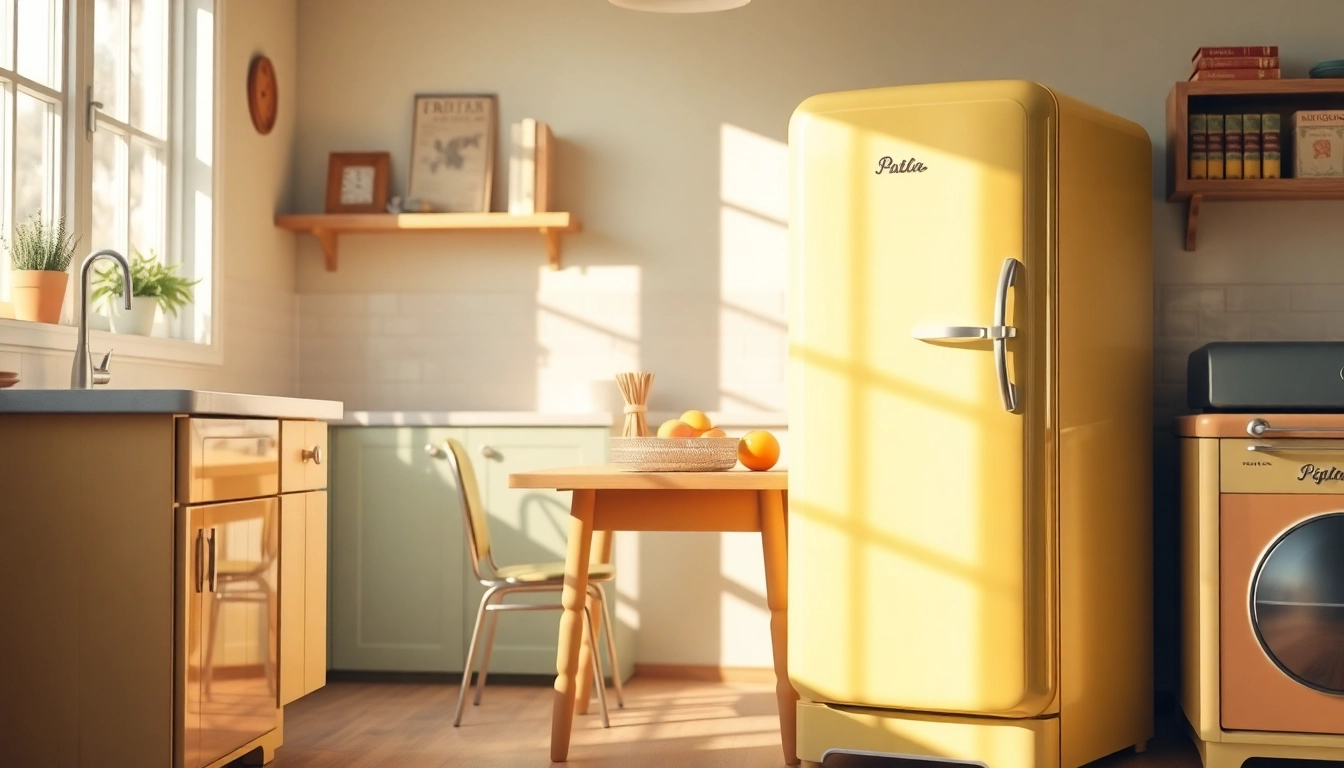 Vibrant retro appliance setup with pastel colors creating a nostalgic kitchen atmosphere.