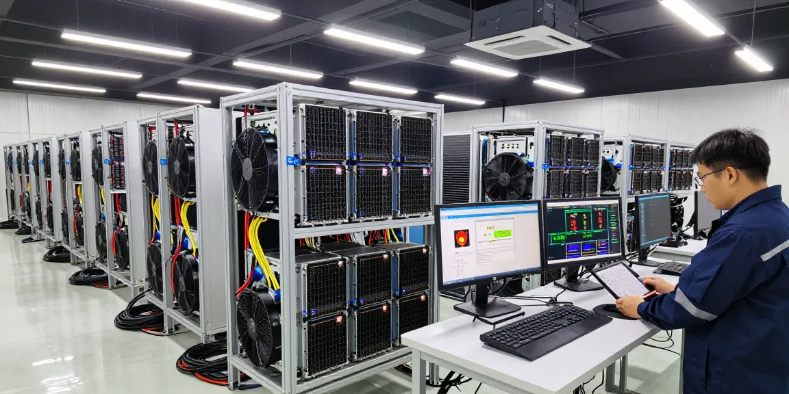 Bitcoin mining farm with advanced ASIC rigs and operational data displays, ensuring efficient cryptocurrency production.