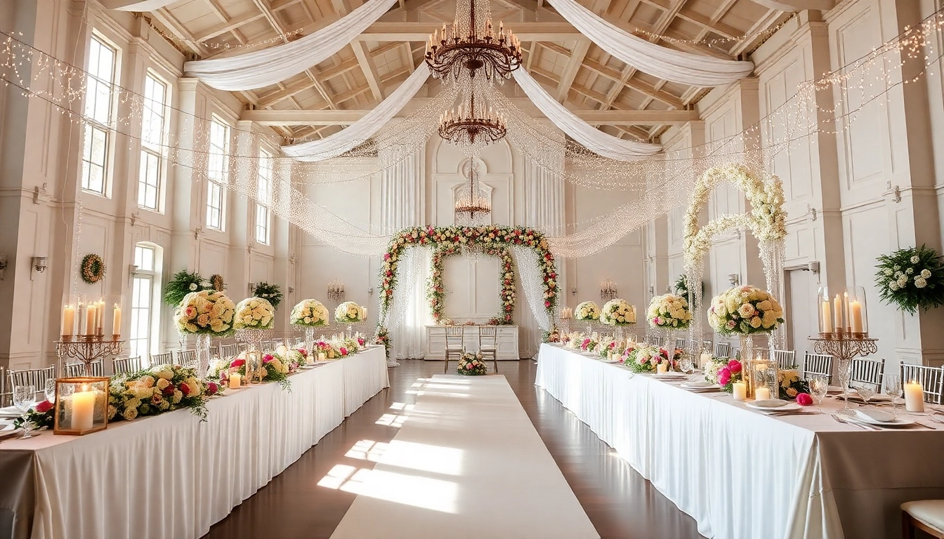Capture a stunning Wedding Event Space Jacksonville decorated for a romantic celebration with elegant features.