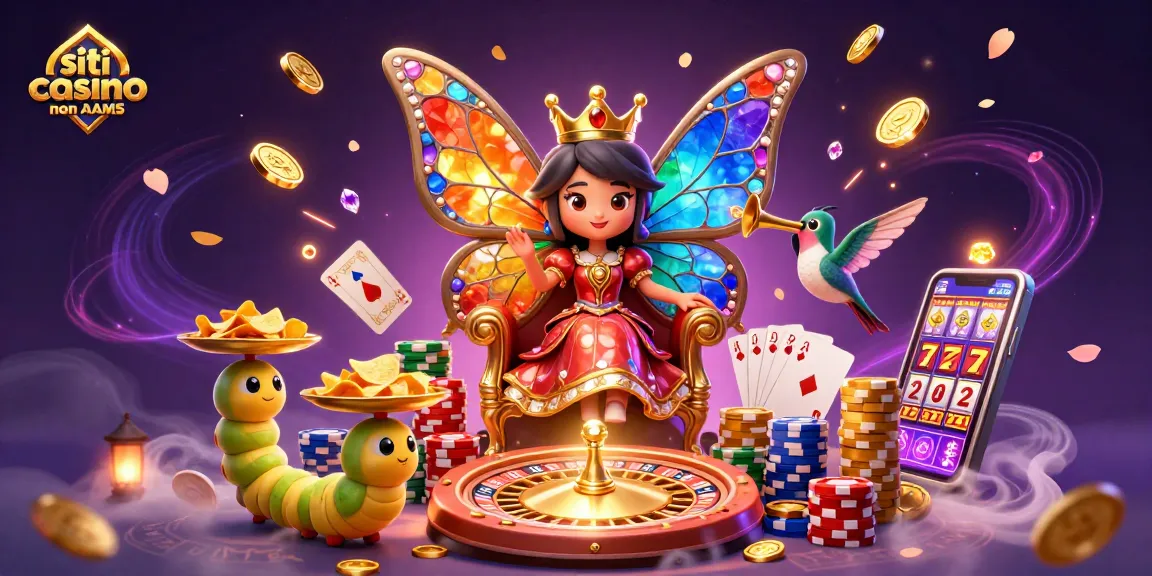 Gioca nei siti casino non AAMS con una regina farfalla tra monete d'oro e roulette, un'esperienza unica.