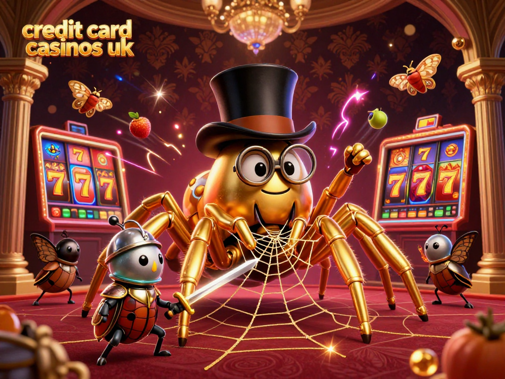 Experience excitement at credit card casinos uk with vibrant characters and casino elements dynamically interacting.