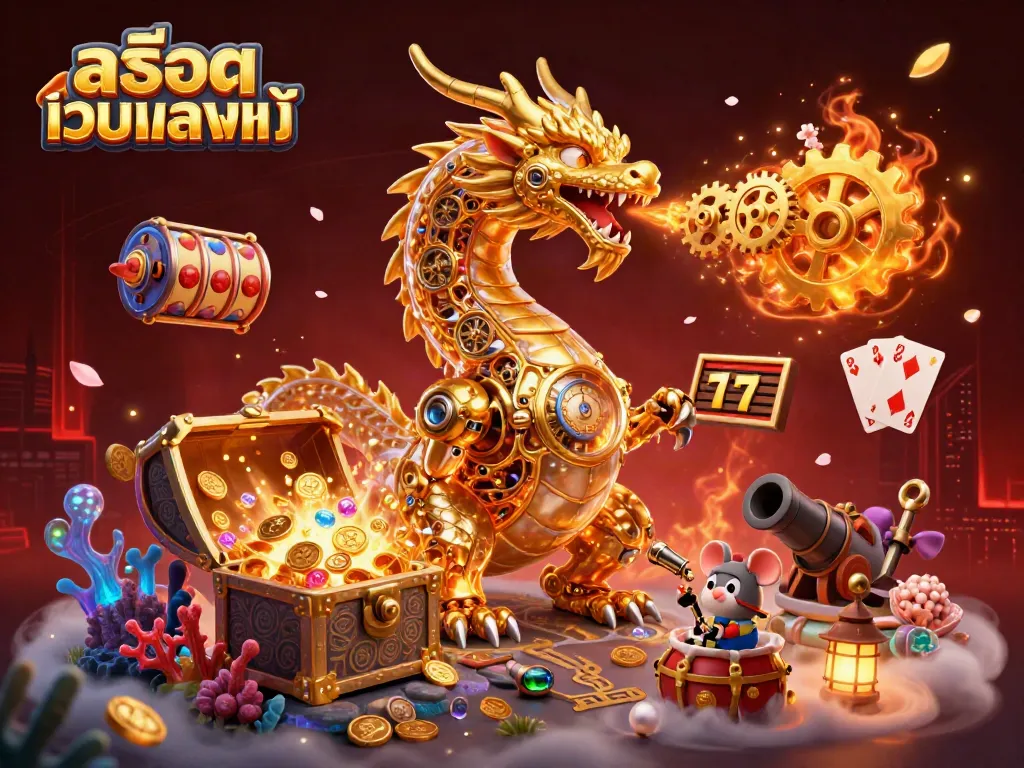 ภาพ 3D ของสล็อตเว็บตรงแท้ แสดงมังกรทองวิเศษและมาสเตอร์ช่างในการดูแล