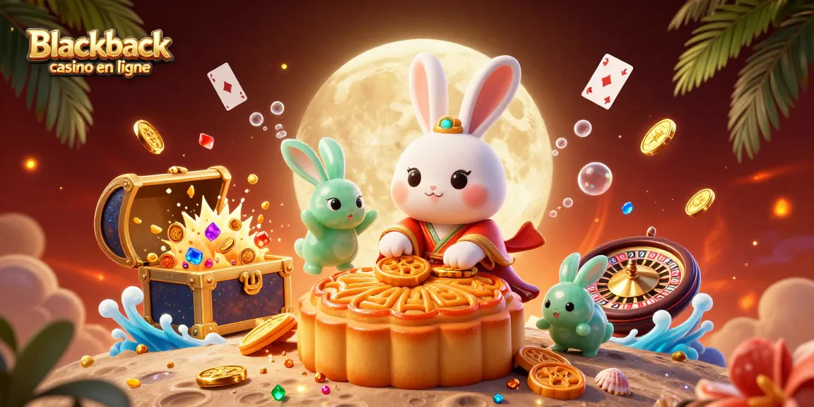 Plongez dans l'univers du blackjack casino en ligne avec un lapin de lune et des jetons de poker.