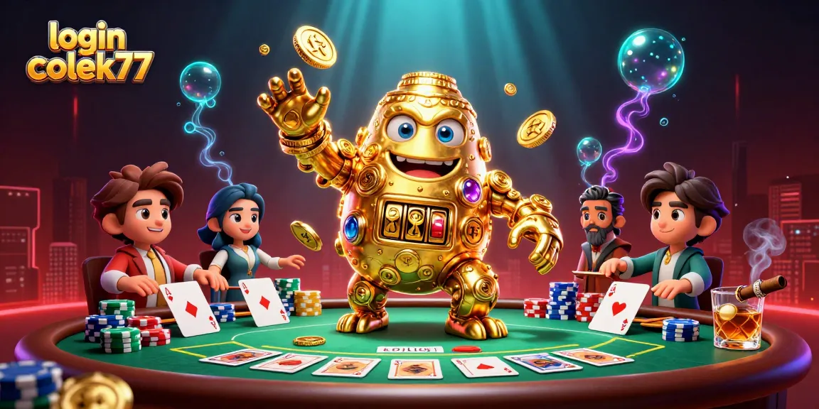 Experience excitement on login colek77 with a dynamic casino scene featuring a golden golem and poker game elements.