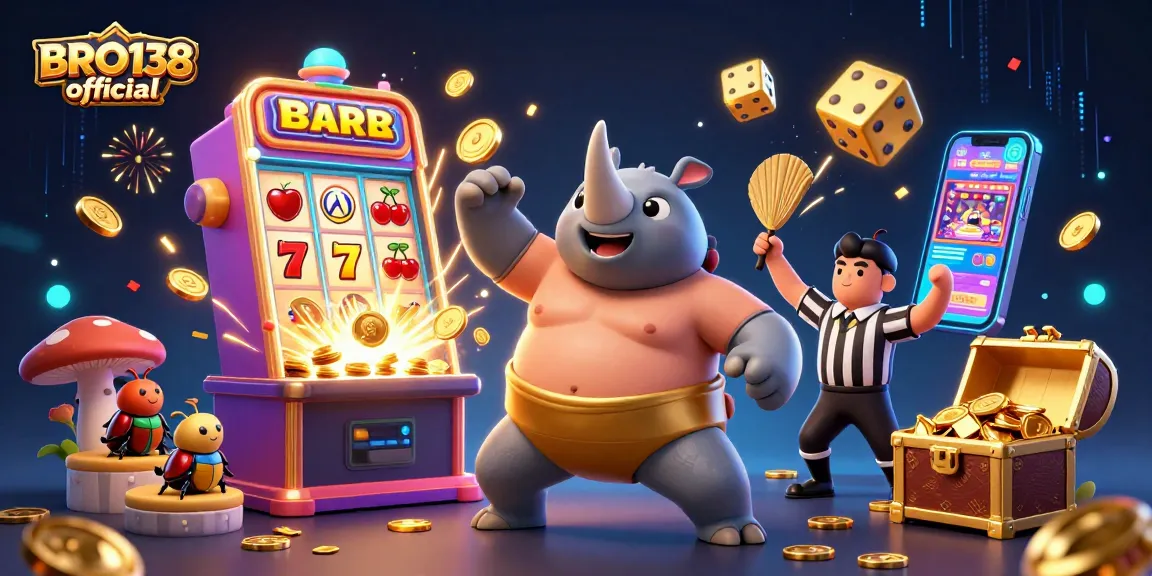 Experience the thrill of gaming with BRO138 official, featuring vibrant illustrations of casino excitement and winning moments.