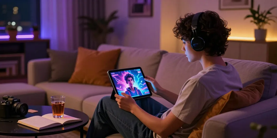 Engaging in ai chat nsfw with a vibrant AI character on a tablet in a modern lounge setting.