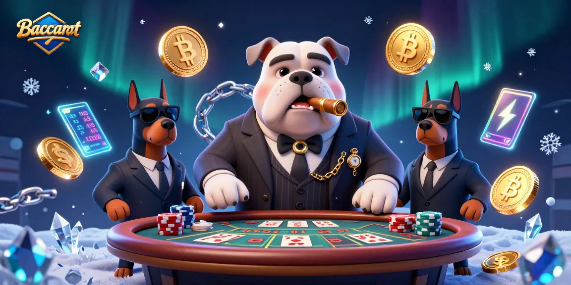 Baccarat game scene with a mafia boss bulldog and bodyguard Dobermans at a casino table, showcasing vibrant action.