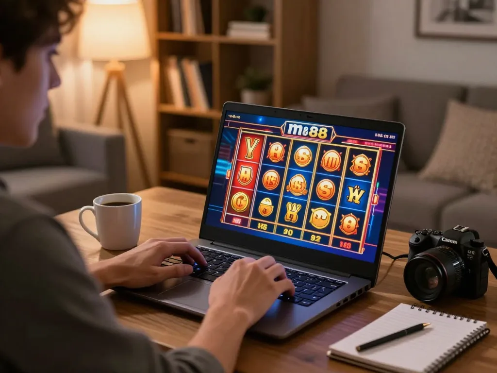 Người chơi hấp dẫn đang ở nhà sử dụng liên kết m88 để chơi slot trực tuyến, thể hiện không khí trò chơi sôi động.