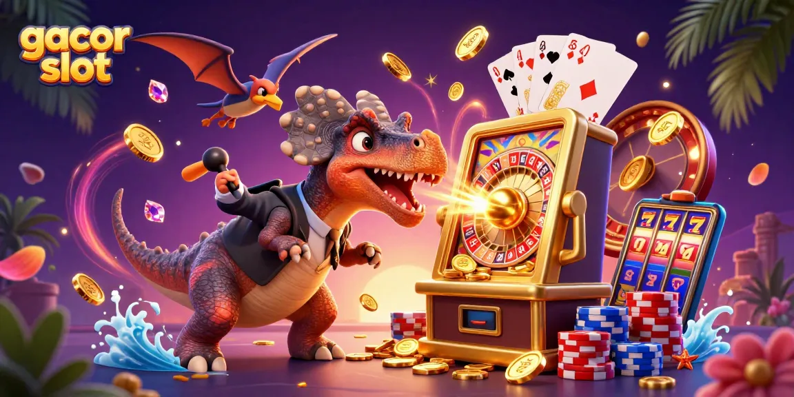 Experience the thrill of gacor slot as a dinosaur strikes a jackpot amidst flying coins.