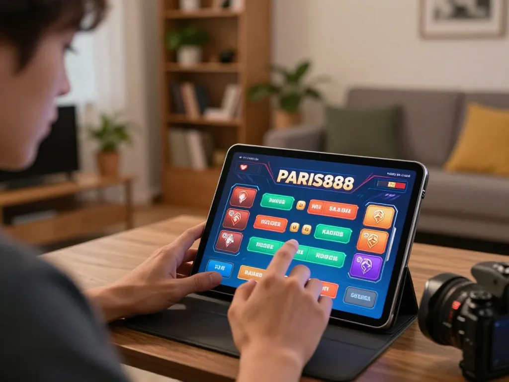 Engaging in Paris888 online gaming with a tablet at home, showcasing strategic betting.
