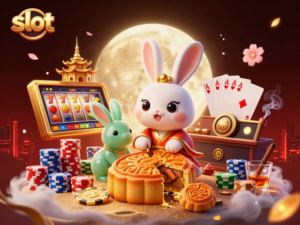 Engage with slot gameplay featuring a mythical moon rabbit, vibrant poker chips, and jackpot elements.