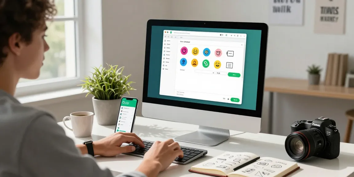 在桌面电脑上使用WhatsApp Web，配有生动的聊天界面、咖啡杯和现代工作空间元素。