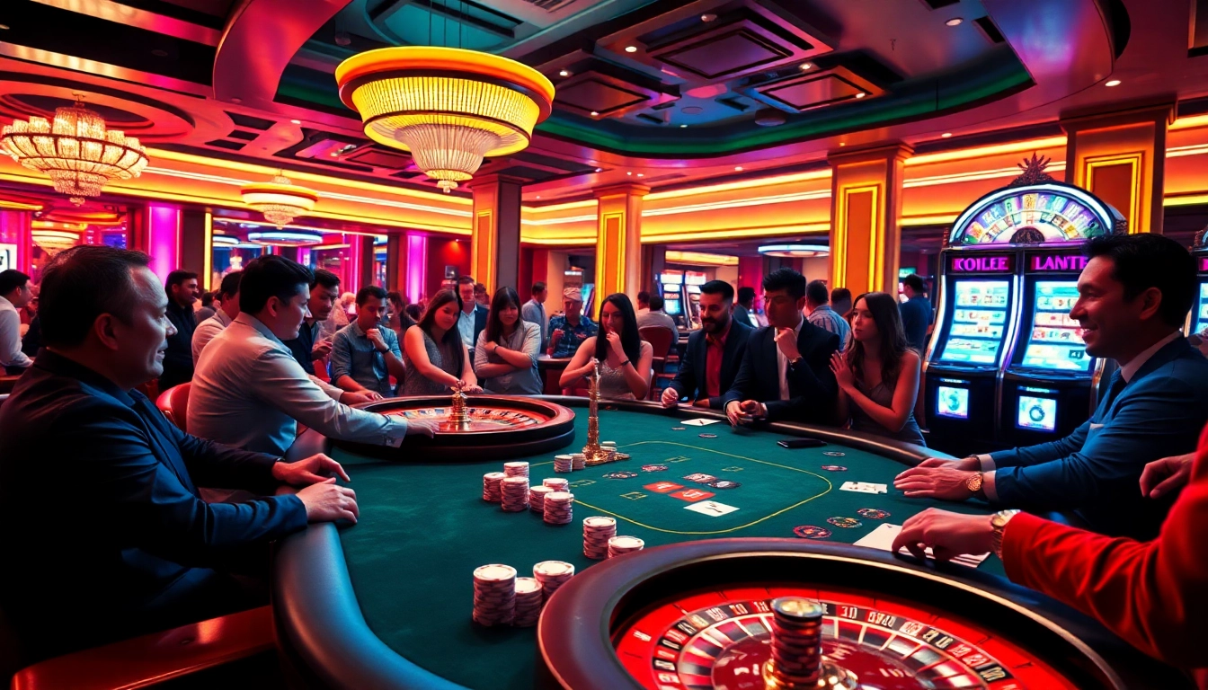 Zonafilm-themed casino with poker games, roulette wheel, vibrant players, and colorful chips.