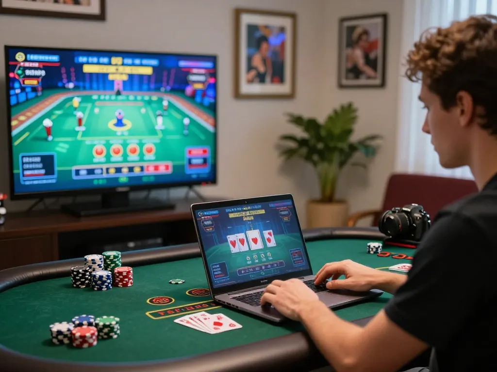 Engaged player at a 바카라사이트 table in a modern gaming setup showcasing a live baccarat interface.