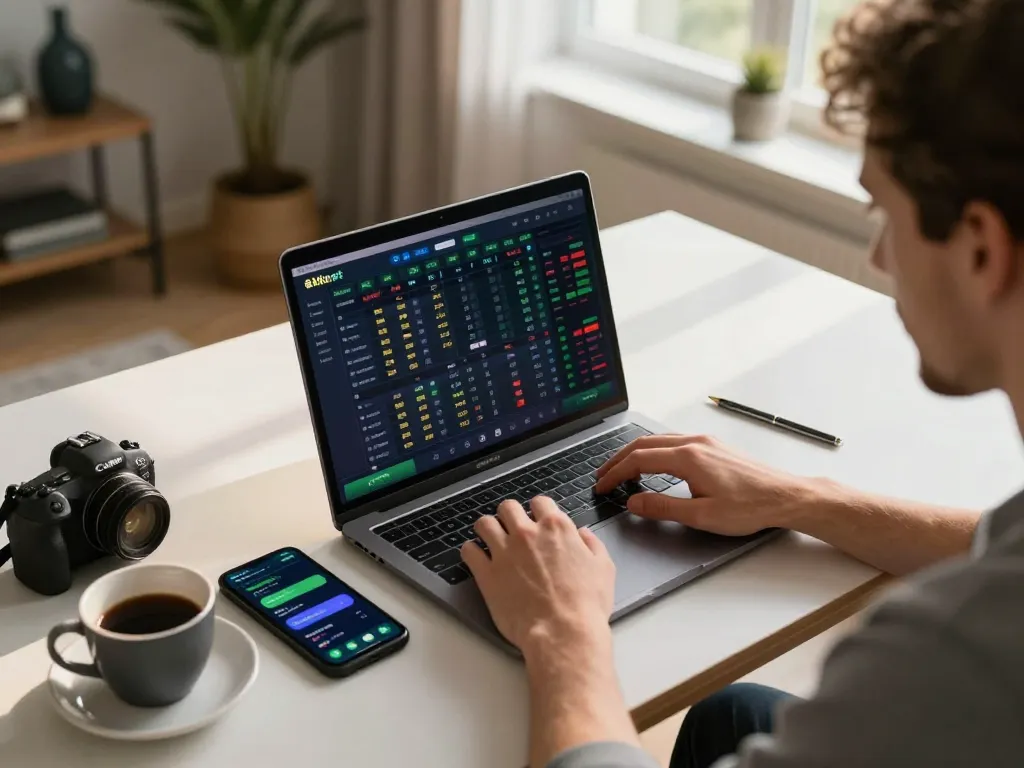 Person analyzing live betting odds on 8kbet platform with laptop and smartphone