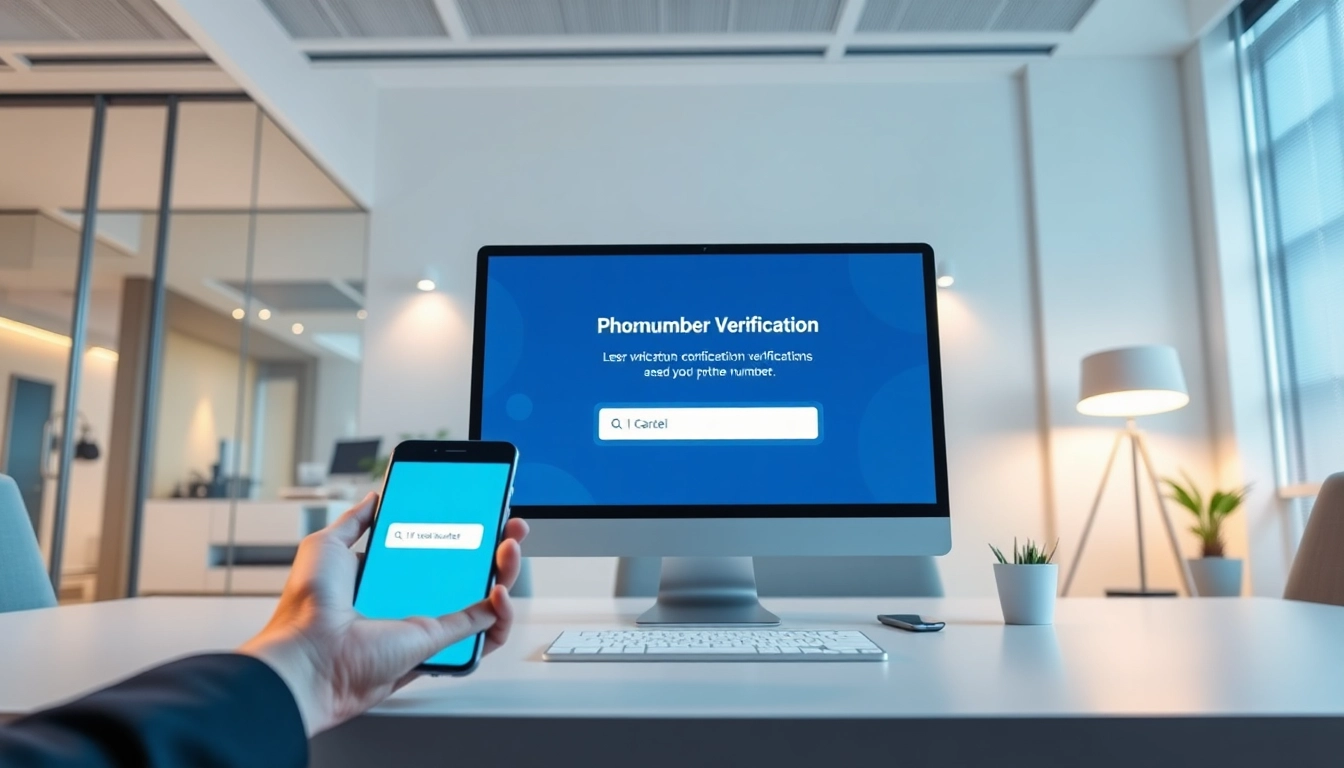 Online phone number verification demonstrated with a professional using a smartphone and computer in a modern office.