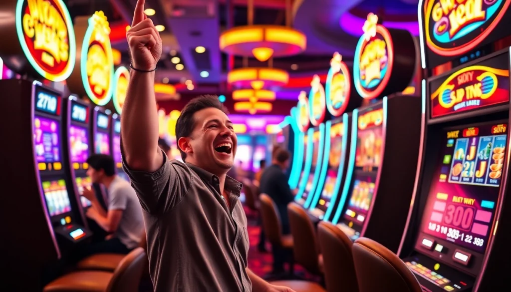 Merayakan kemenangan besar dengan slot gacor hari ini dalam suasana kasino yang meriah.