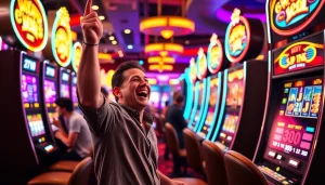 Merayakan kemenangan besar dengan slot gacor hari ini dalam suasana kasino yang meriah.