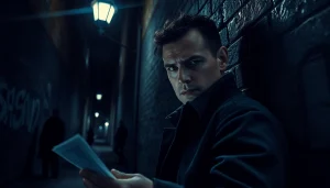 Detective investigating A Deadly Chance case in a dimly lit urban alley.