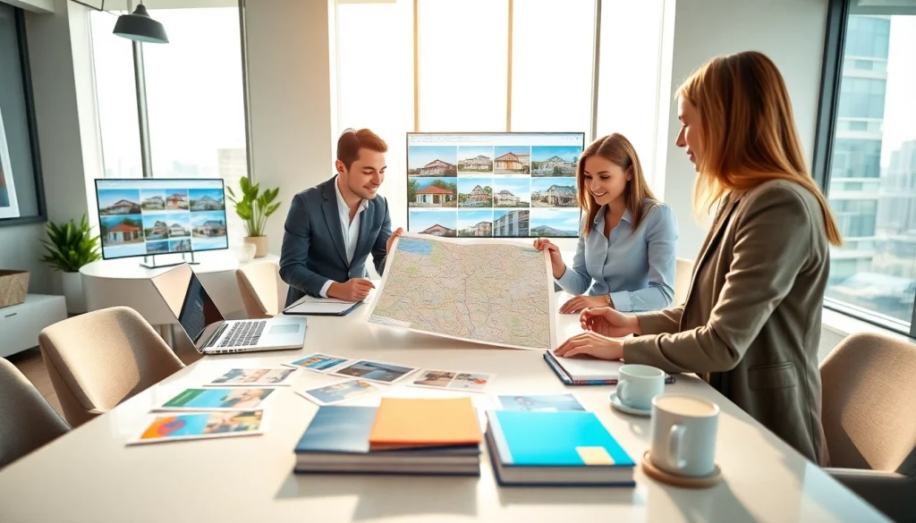 Real Estate agents discussing strategies in a modern office with vibrant decor.